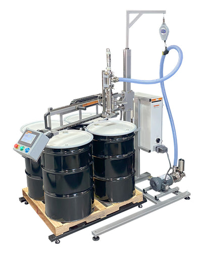 Drum tote pail filling machine 4 drums on a pallet with white background