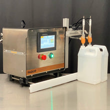 Load image into Gallery viewer, Benchtop FG-200 bottle filling machine with two 128oz gallon bottles on stainless steel table