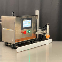 Load image into Gallery viewer, Benchtop FG-200 bottle filling machine with two 1oz bottles on stainless steel table