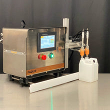 Load image into Gallery viewer, Benchtop FG-200 bottle filling machine with two 32oz quart bottles on stainless steel table