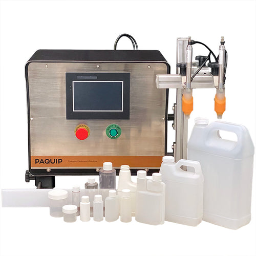 Tabletop FG-200 bottle filling machine with 1oz, 4oz, 8oz, 16oz, 32oz quart, 128oz gallon bottles in front on white background