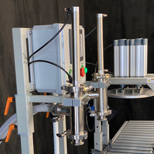 Load image into Gallery viewer, Pail drum and tote N500 filling nozzles mounted on XPG-200 pail filling machine with conveyor