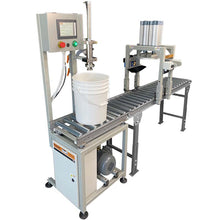 Load image into Gallery viewer, Pail filling machine with 5 gallon bucket, conveyor, and lid press on white background
