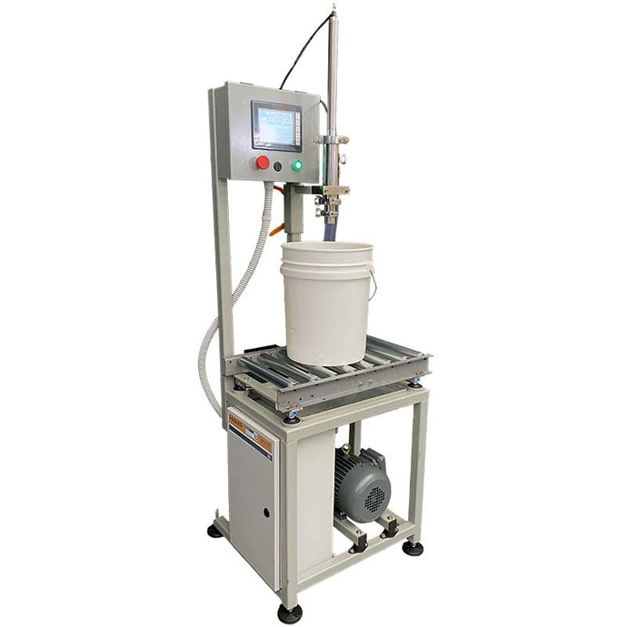 Pail filling machine with 5 gallon bucket, gear pump on white background